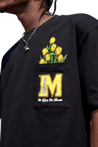 Black MEDM Pixelated Flower Pocket Tee by Mr Enjoy Da Money with yellow pixelated flower design on chest pocket