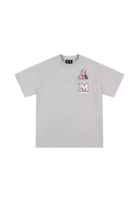 Gray MEDM Pixelated Flower Pocket Tee by Mr Enjoy Da Money with pixelated pink flower and M logo on chest pocket