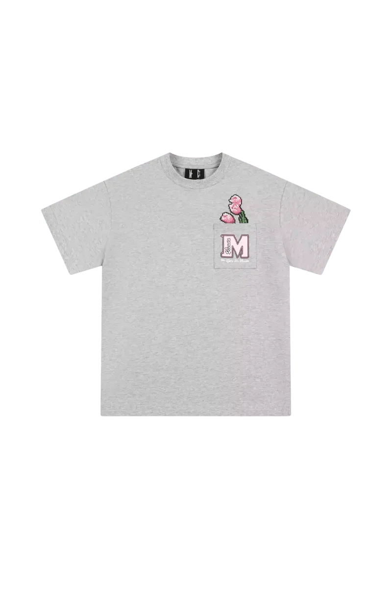 Gray MEDM Pixelated Flower Pocket Tee by Mr Enjoy Da Money with pixelated pink flower and M logo on chest pocket