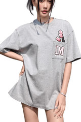Gray MEDM Pixelated Flower Pocket Tee by Mr Enjoy Da Money with pixelated pink flower and M logo on pocket