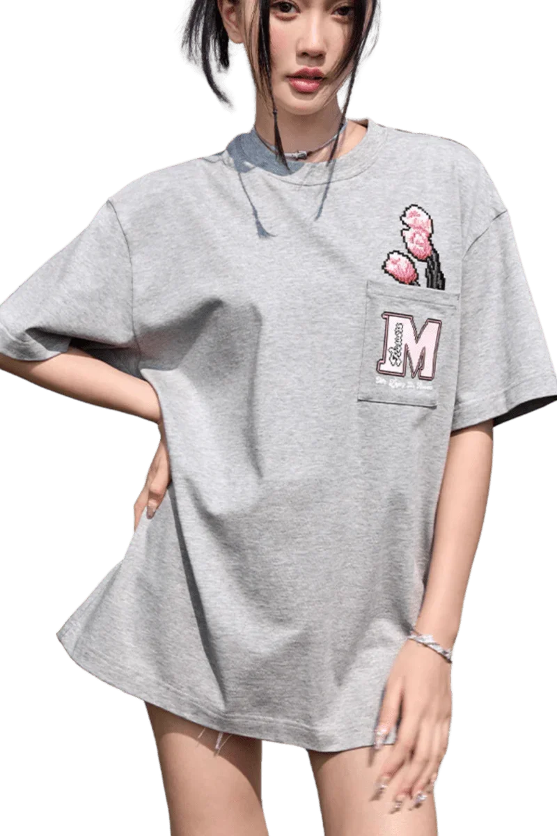 Gray MEDM Pixelated Flower Pocket Tee by Mr Enjoy Da Money with pixelated pink flower and M logo on pocket