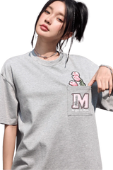 MEDM Pixelated Flower Pocket Tee by Mr Enjoy Da Money in light gray with pixelated flower design on the chest pocket