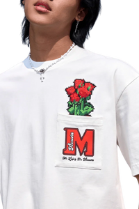 White MEDM Pixelated Flower Pocket Tee by Mr Enjoy Da Money with red pixelated flower and branded pocket design
