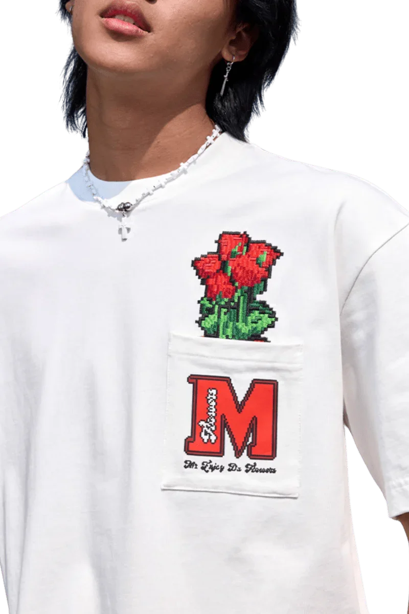 White MEDM Pixelated Flower Pocket Tee by Mr Enjoy Da Money with red pixelated flower and branded pocket design