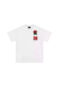 White MEDM Pixelated Flower Pocket Tee by Mr Enjoy Da Money with pixelated red flower and logo on chest pocket