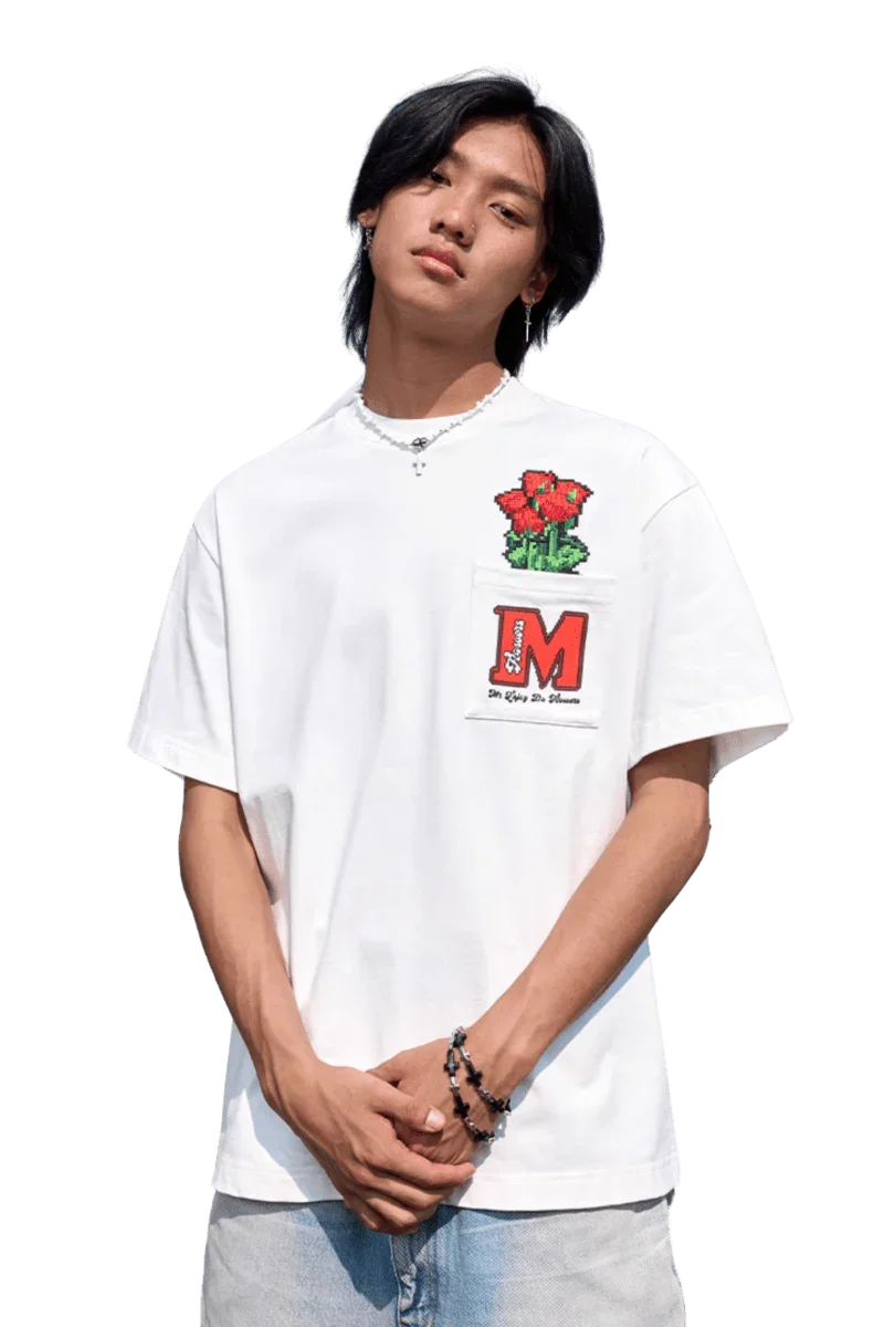 MEDM Pixelated Flower Pocket Tee white shirt with pixelated flower and red MEDM logo pocket