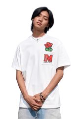 MEDM Pixelated Flower Pocket Tee white shirt with pixelated flower and red MEDM logo pocket
