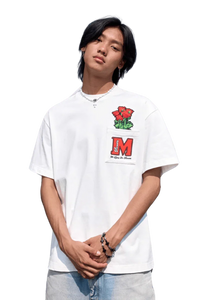 MEDM Pixelated Flower Pocket Tee white shirt with pixelated flower and red MEDM logo pocket