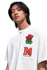 White MEDM Pixelated Flower Pocket Tee by Mr Enjoy Da Money with red pixelated flower design on chest pocket
