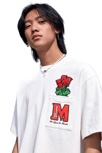 White MEDM Pixelated Flower Pocket Tee by Mr Enjoy Da Money with red pixelated flower design on chest pocket