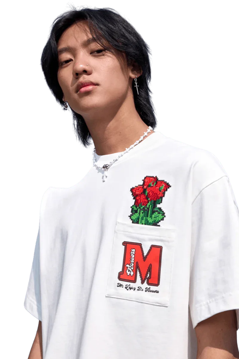 White MEDM Pixelated Flower Pocket Tee by Mr Enjoy Da Money with red pixelated flower design on chest pocket