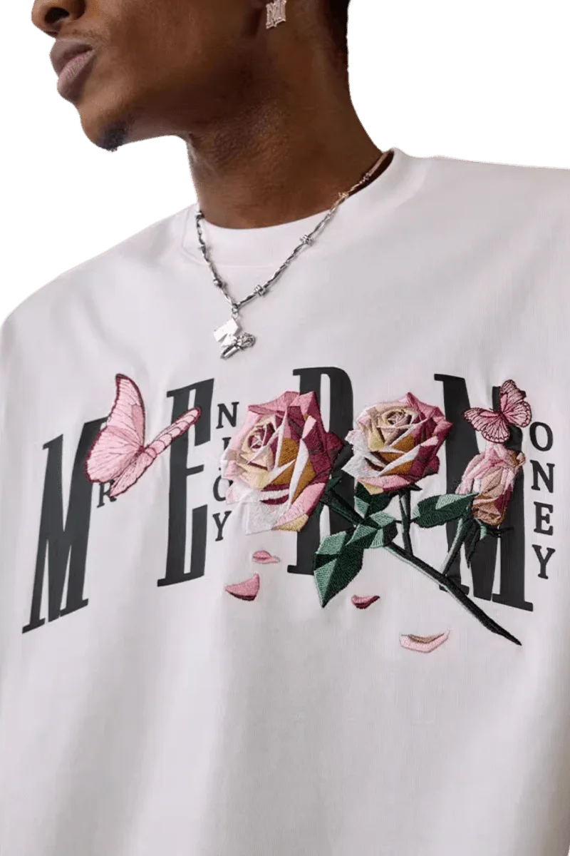 MEDM Rose Butterfly Embroidery Tee featuring vibrant floral designs on a white shirt