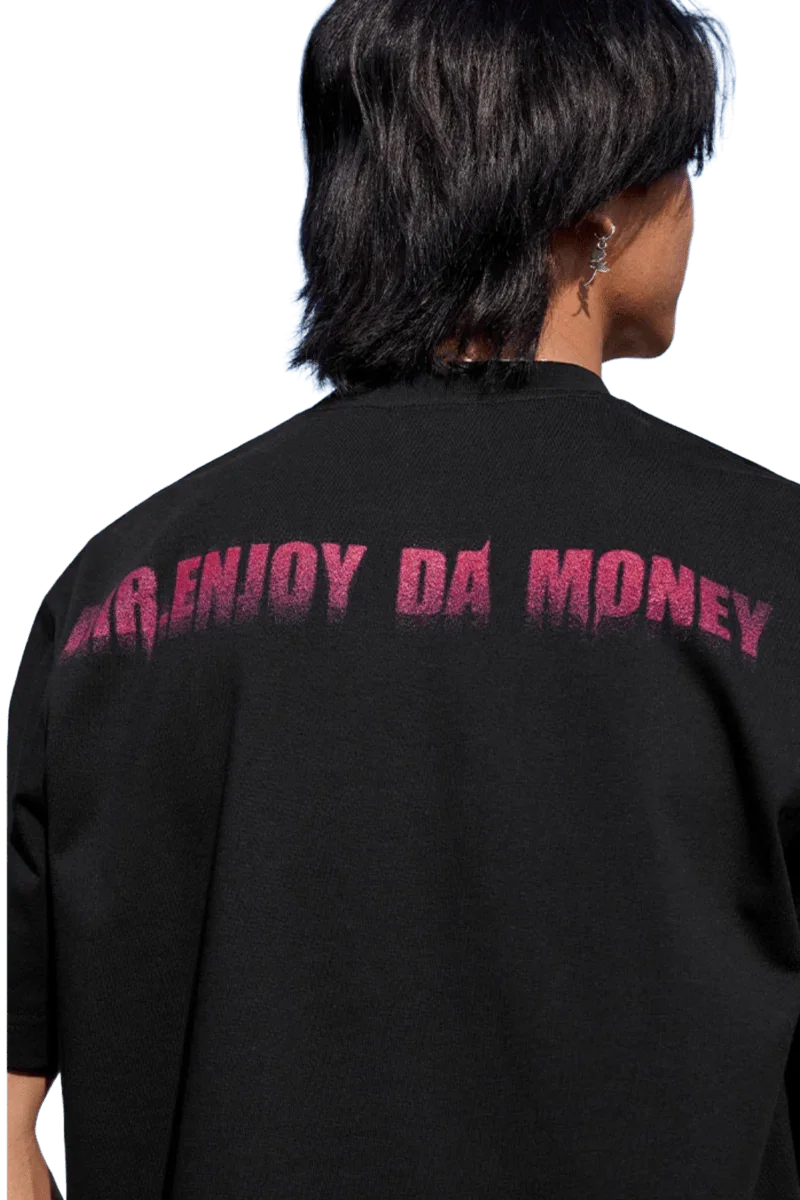 Back view of MEDM Smudged Floral Tee black shirt with pink Mr Enjoy Da Money logo text