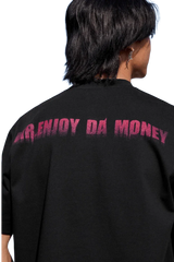 Back view of MEDM Smudged Floral Tee black shirt with pink Mr Enjoy Da Money logo text
