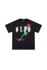 Black MEDM Smudged Floral Tee by Mr Enjoy Da Money with white typography and pink green floral graphic