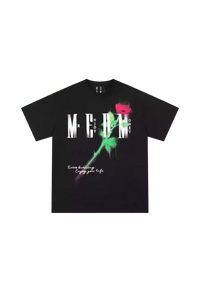Black MEDM Smudged Floral Tee by Mr Enjoy Da Money with white typography and pink green floral graphic
