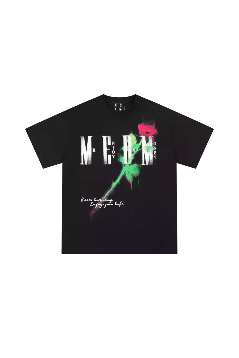 Black MEDM Smudged Floral Tee by Mr Enjoy Da Money with white typography and pink green floral graphic