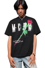 Black MEDM Smudged Floral Tee by Mr Enjoy Da Money with graphic rose and logo print on front