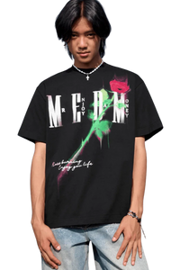 Black MEDM Smudged Floral Tee by Mr Enjoy Da Money with graphic rose and logo print on front