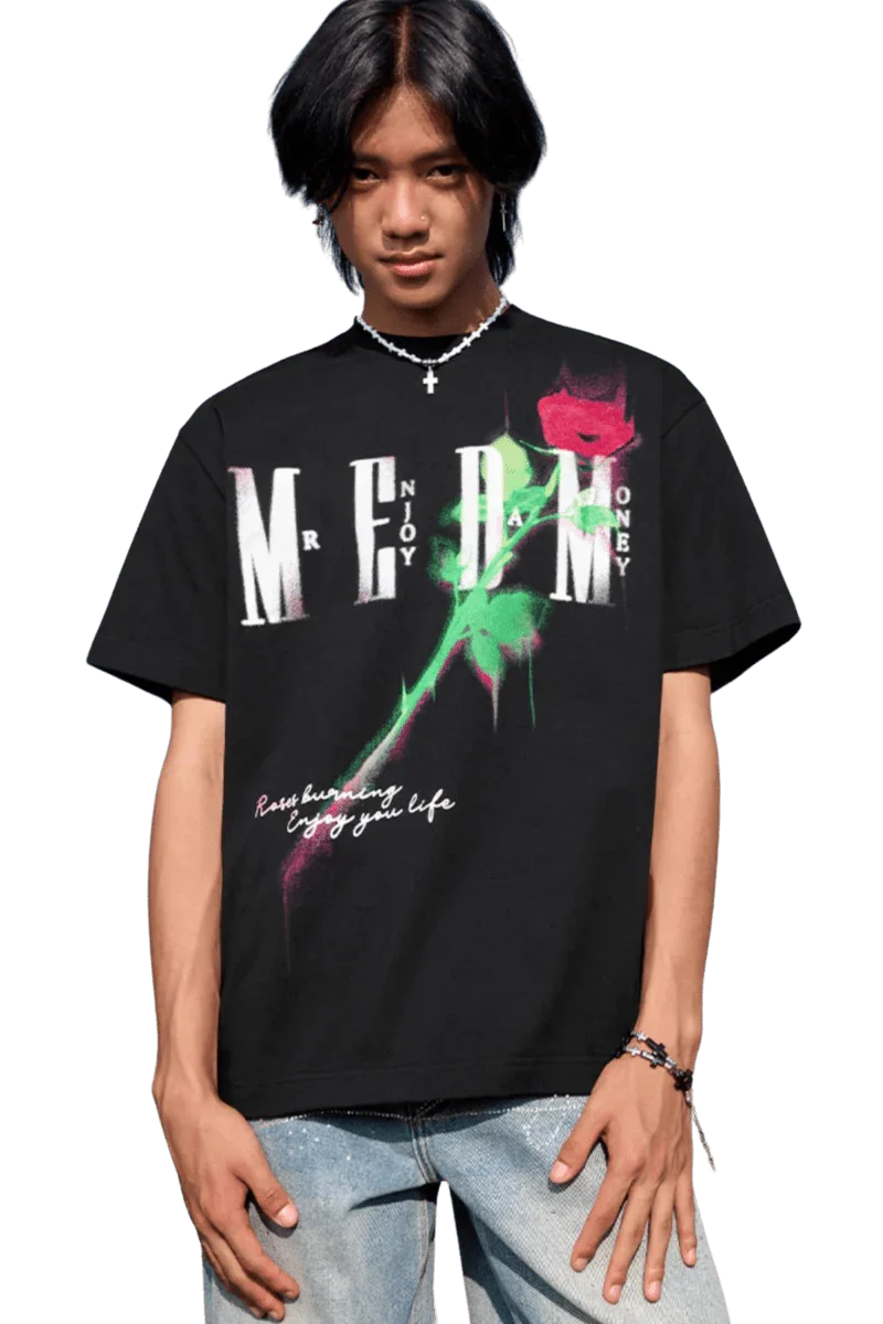 Black MEDM Smudged Floral Tee by Mr Enjoy Da Money with graphic rose and logo print on front