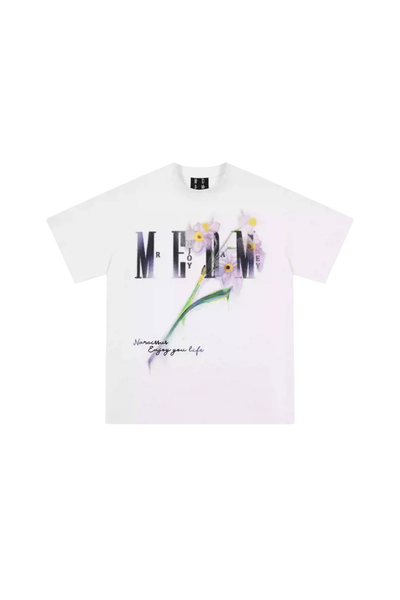 White MEDM Smudged Floral Tee by Mr Enjoy Da Money with floral graphic and text design