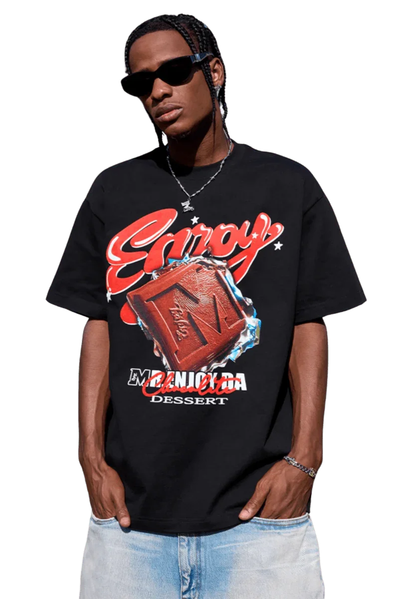 Black MEDM SS24 Chocolate Pudding Dessert Tee featuring bold graphics for a stylish look