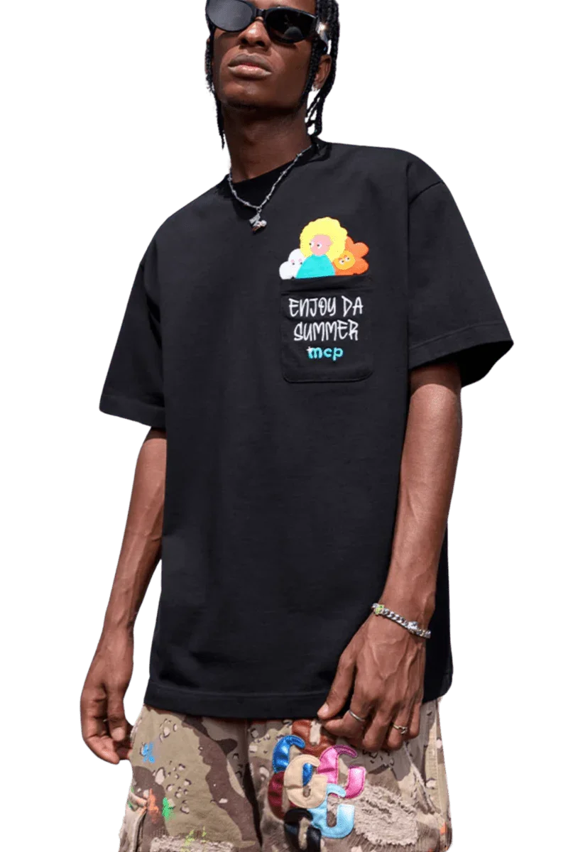Black MEDM SS24 MCP Series Pocket Tee featuring colorful graphics and relaxed fit for casual style