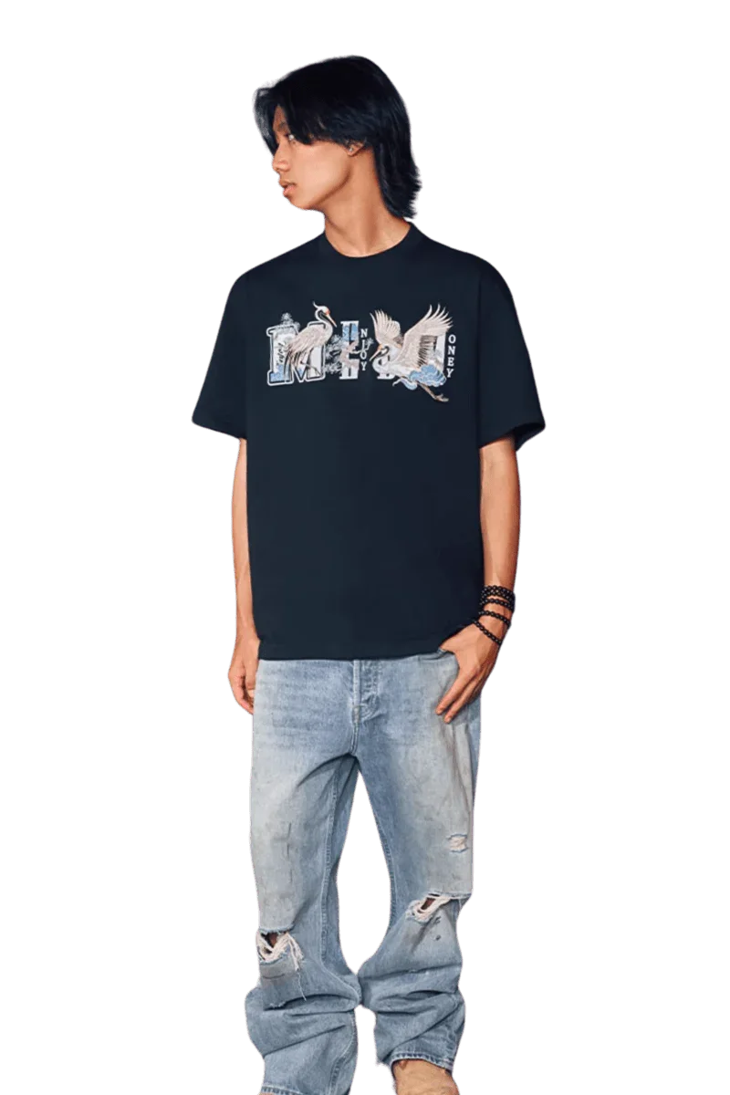MEDM SS24 Phoenix Embroidery Tee in Black with Graphic Design and Relaxed Fit