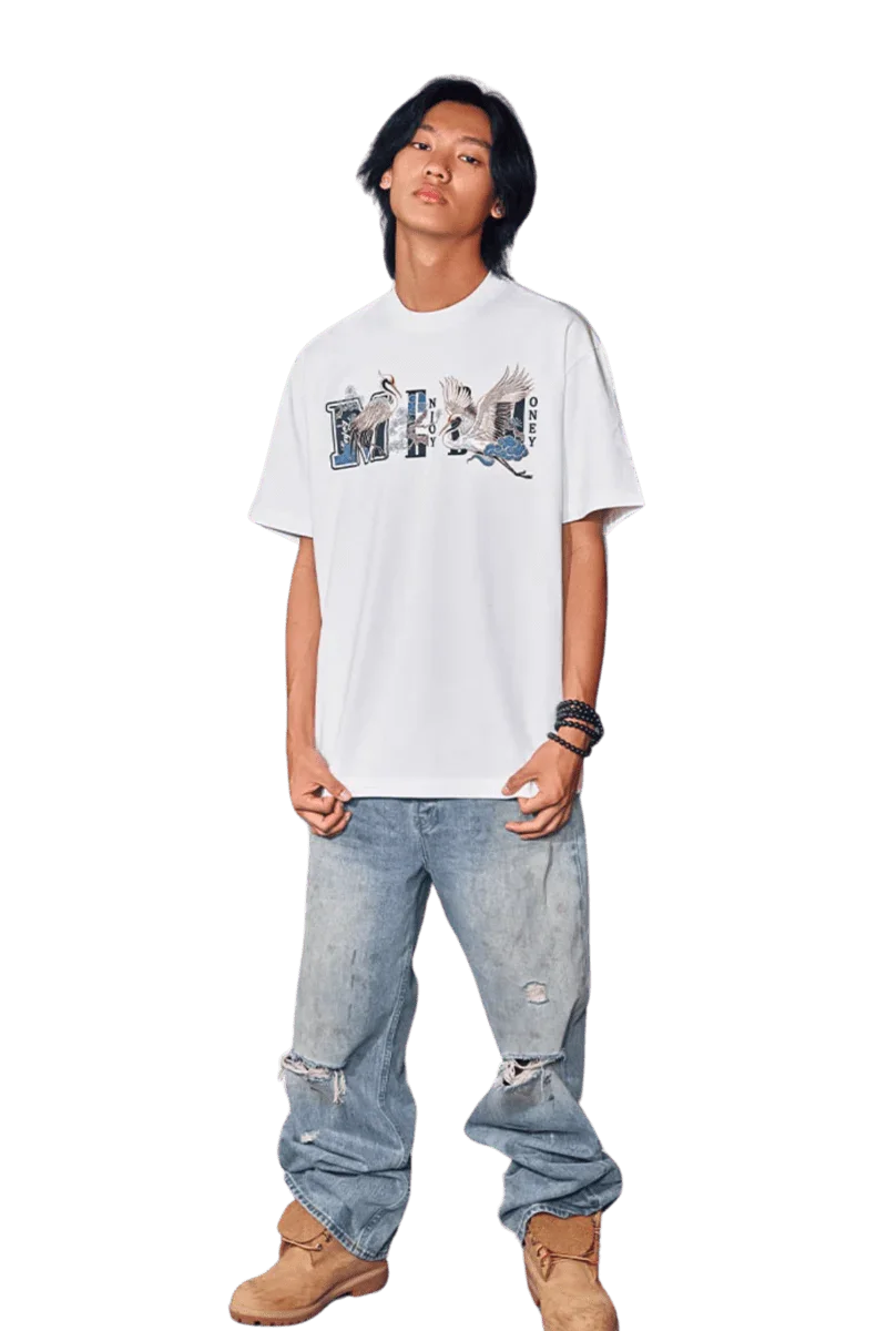 Unisex MEDM SS24 Phoenix Embroidery Tee in White with Unique Graphic Design