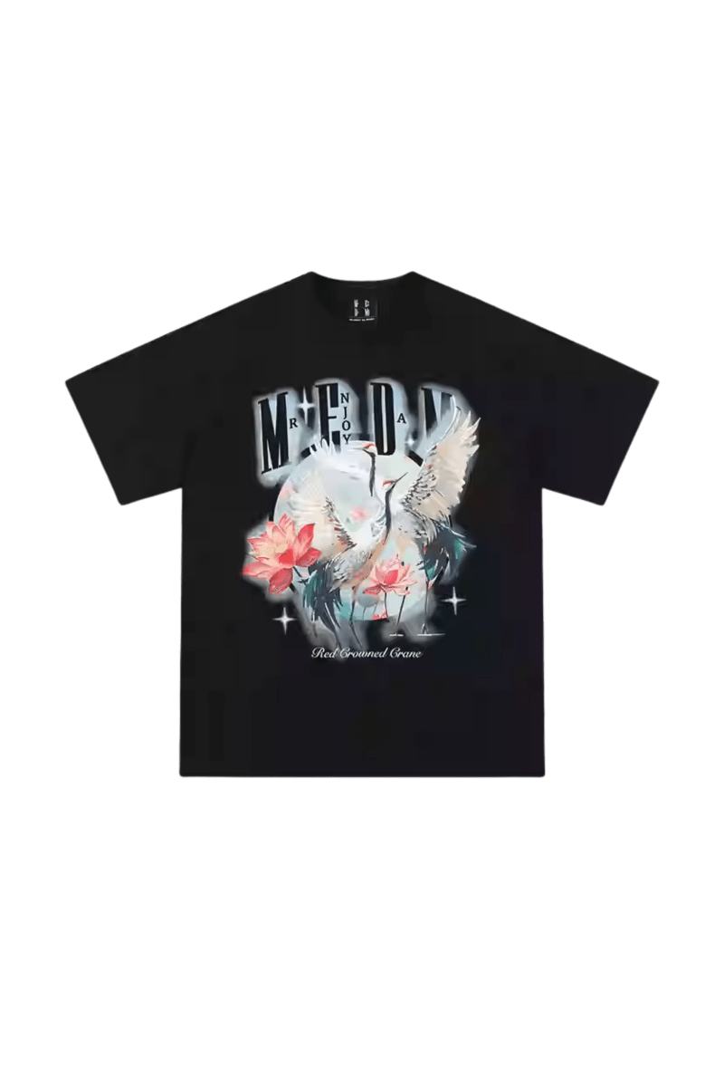 MEDM SS24 Phoenix Series Print Tee featuring a striking graphic design with flowers and birds