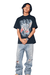 MEDM SS24 Phoenix Series Print Tee in black featuring bold graphic design for a stylish look
