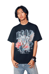 MEDM SS24 Phoenix Series Print Tee featuring vibrant graphics on a black background