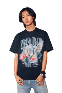 MEDM SS24 Phoenix Series Print Tee featuring vibrant graphics on a black background