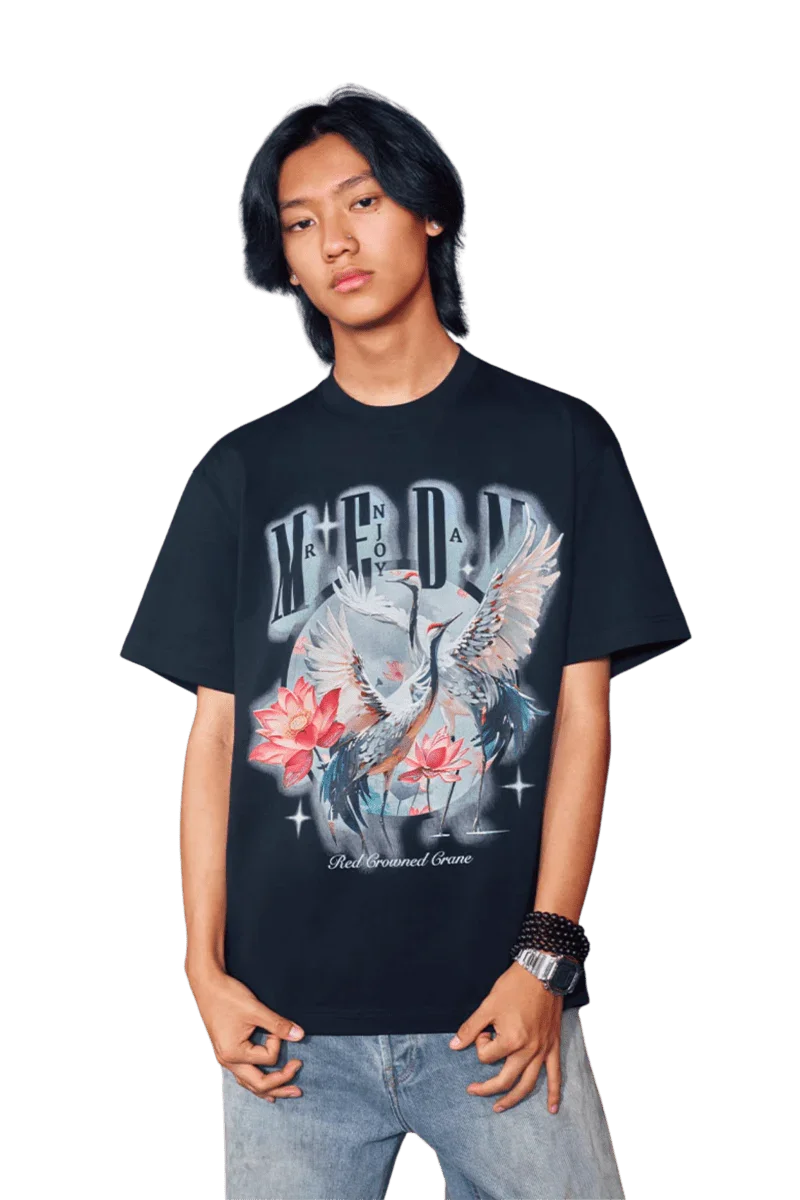 MEDM SS24 Phoenix Series Print Tee featuring vibrant graphics on a black background