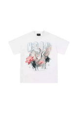 MEDM SS24 Phoenix Series Print Tee featuring a vibrant crane and floral design on a white background