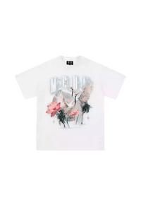 MEDM SS24 Phoenix Series Print Tee featuring a vibrant crane and floral design on a white background