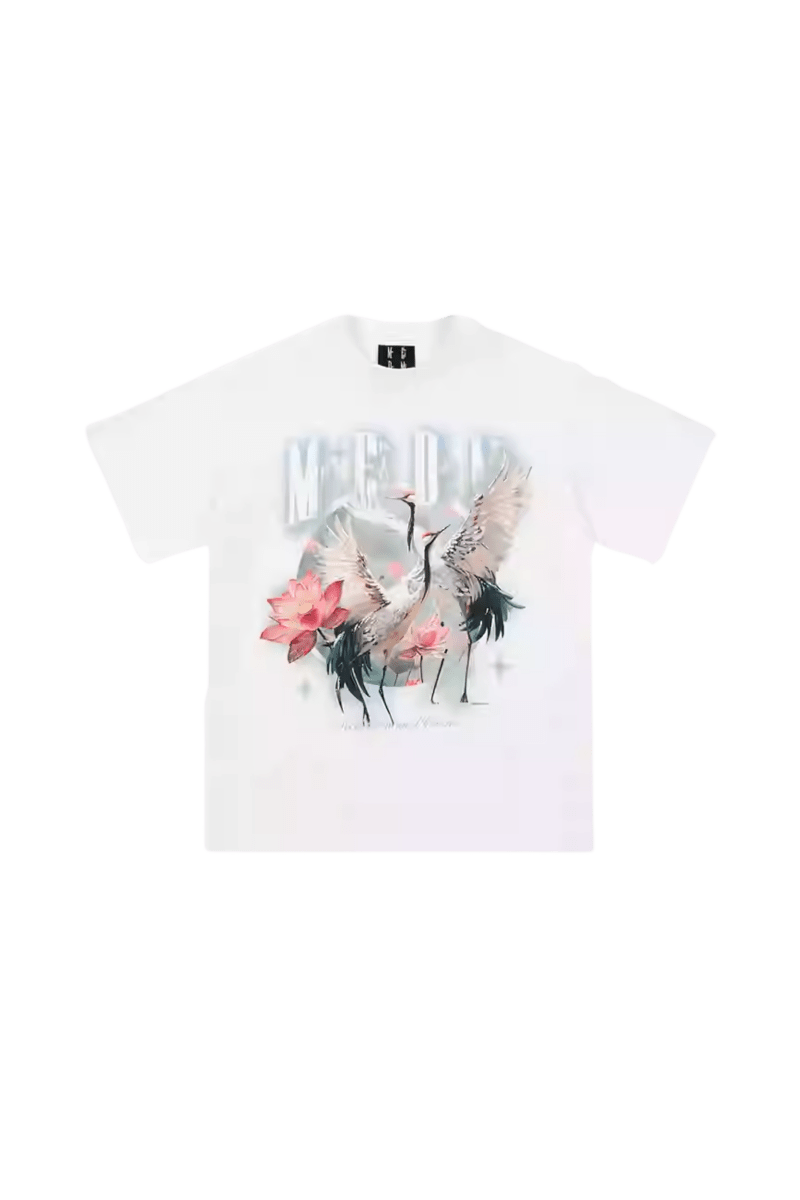MEDM SS24 Phoenix Series Print Tee featuring a vibrant crane and floral design on a white background