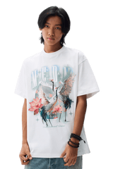 MEDM SS24 Phoenix Series Print Tee in White featuring vibrant crane and floral graphics
