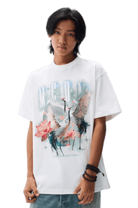 MEDM SS24 Phoenix Series Print Tee in White featuring vibrant crane and floral graphics