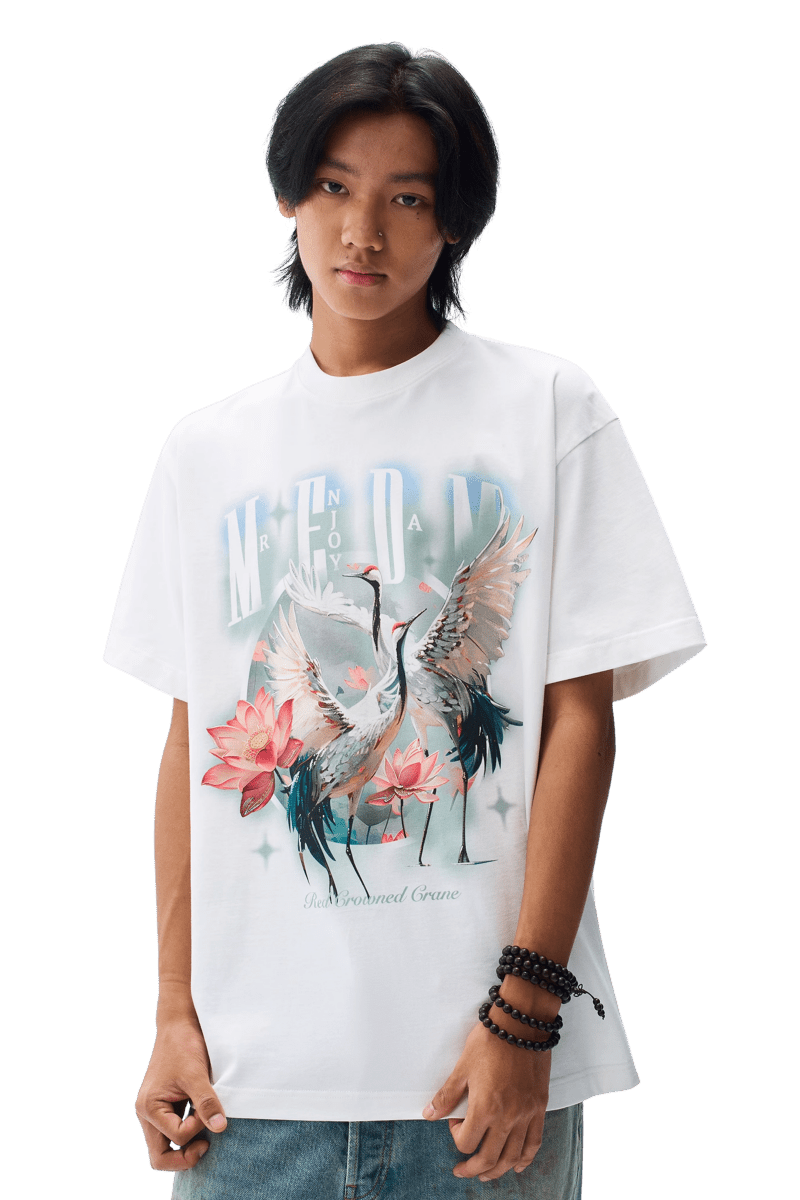 MEDM SS24 Phoenix Series Print Tee in White featuring vibrant crane and floral graphics