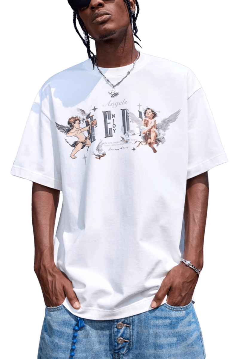 MEDM SS24 Retro Metallic Angel Tee in white featuring angel graphics, perfect for casual streetwear style.