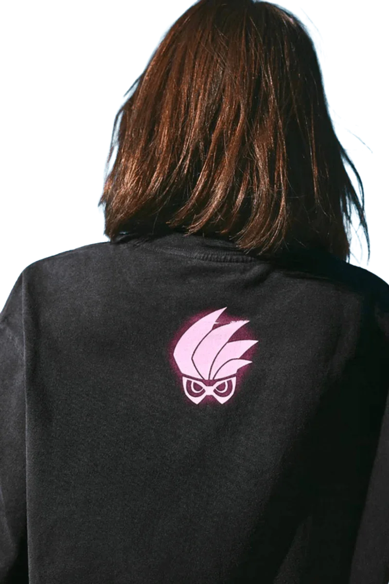 Black MEDM SS24 x Karmen Rider Tee featuring a striking pink logo design on the back