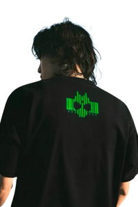 Back view of black MEDM SS24 x Karmen Rider Tee with glowing graphic design