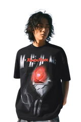 Model wearing MEDM SS24 x Karmen Rider Tee featuring bold graphic design and relaxed fit
