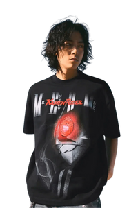 Model wearing MEDM SS24 x Karmen Rider Tee featuring bold graphic design and relaxed fit