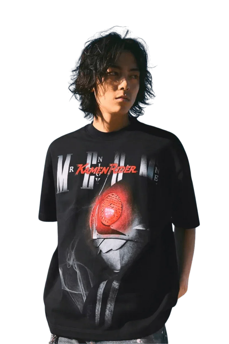 Model wearing MEDM SS24 x Karmen Rider Tee featuring bold graphic design and relaxed fit