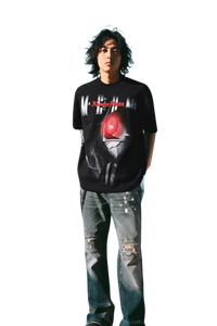MEDM SS24 x Karmen Rider Tee in black with bold graphic design worn by a model