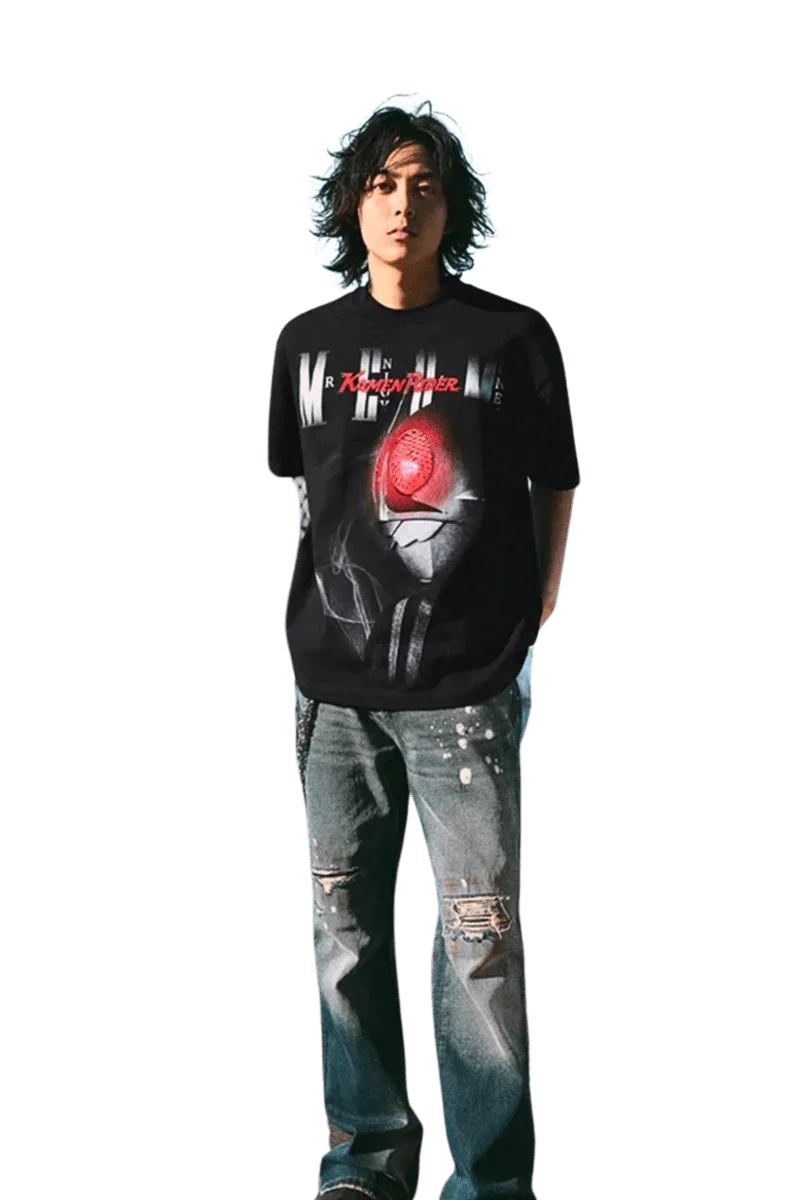 MEDM SS24 x Karmen Rider Tee in black with bold graphic design worn by a model