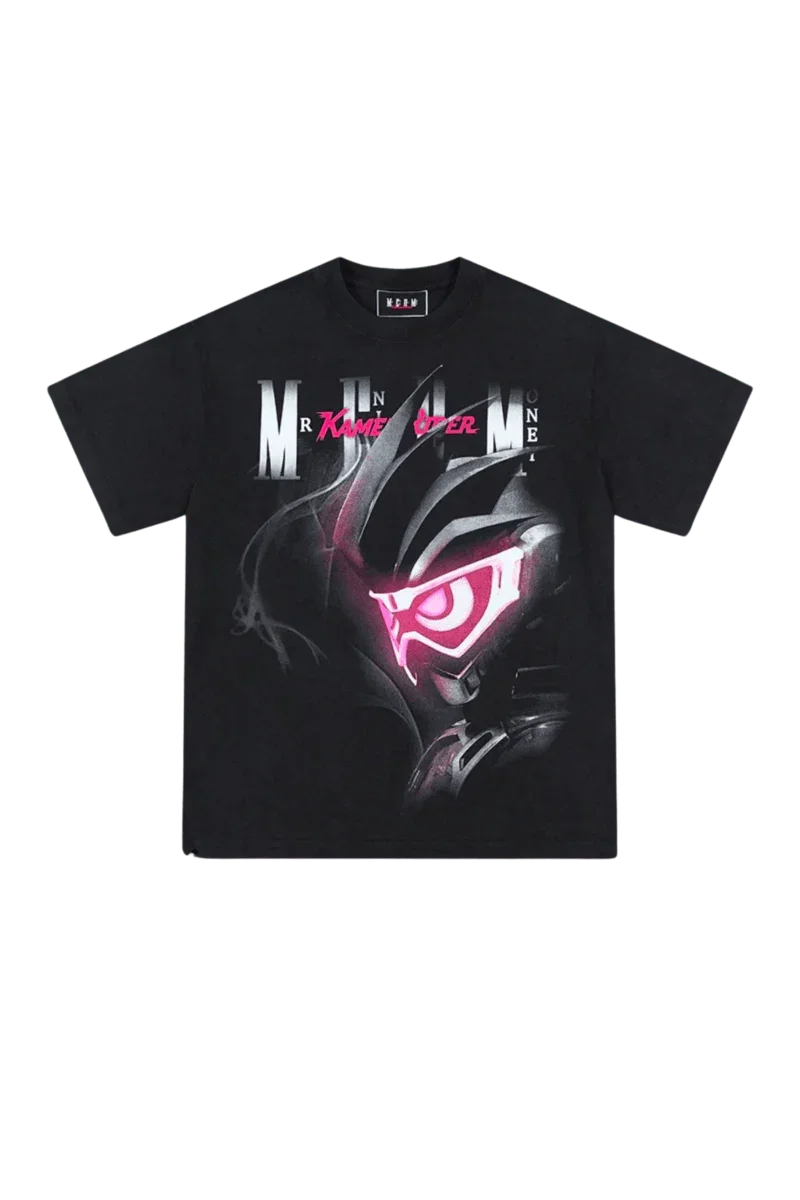 MEDM SS24 x Karmen Rider Tee featuring bold graphic design on a black background