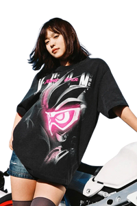 Black MEDM SS24 x Karmen Rider Tee featuring vibrant graphic design, styled for a casual look